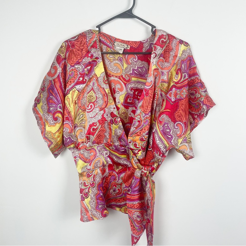 Luna Silk Floral Paisley Print Wrap Blouse